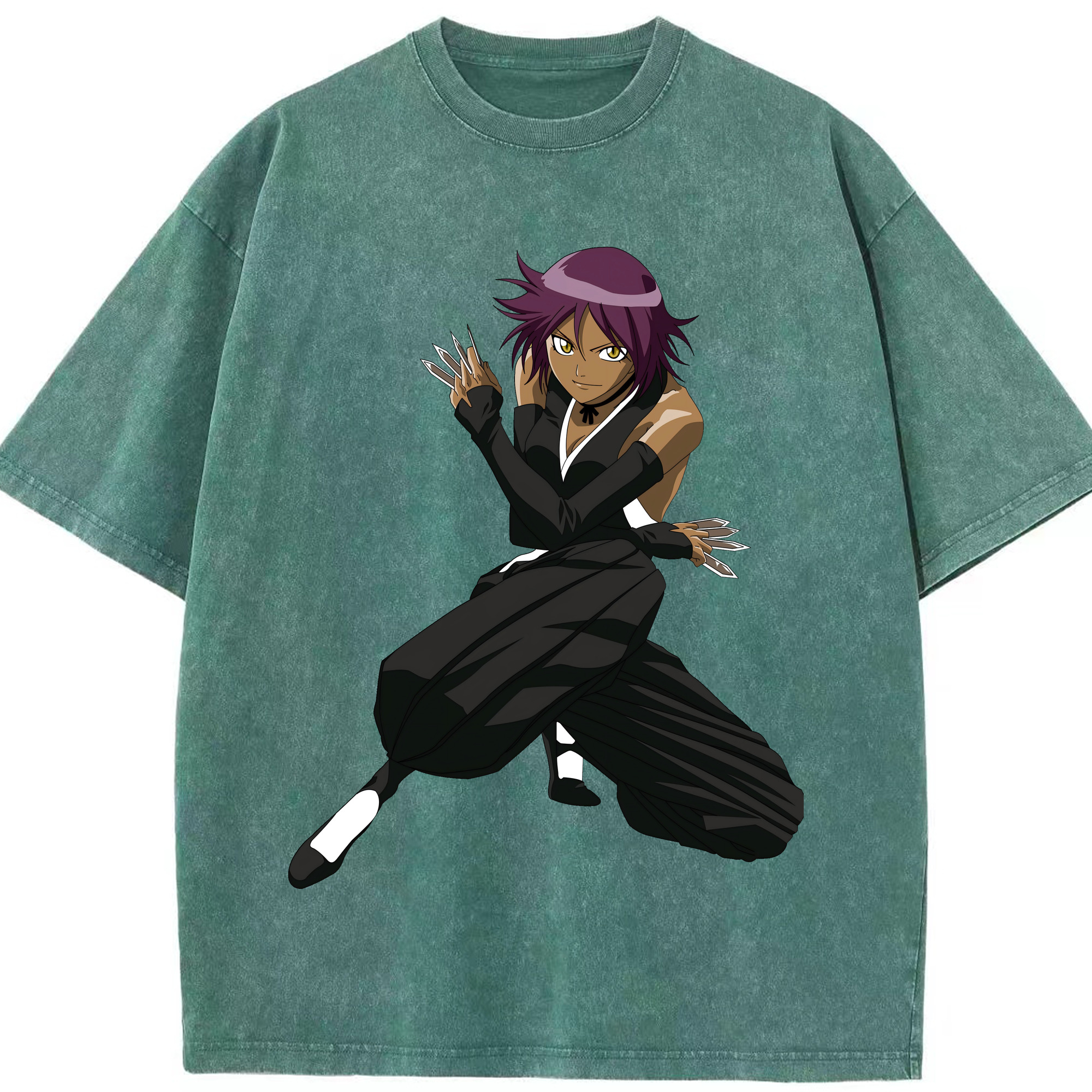（画像用） ブリーチ 四楓院 夜一（しほういん よるいち） BLEACH Shihouin Yoruichi 綿100% ヴィンテージ風 半袖Tシャツ（フロントプリント）